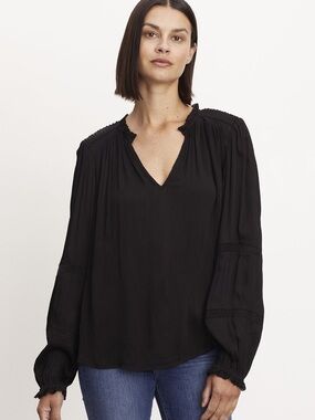 Velvet Black V-Neck Long Sleeve Peasant Blouse